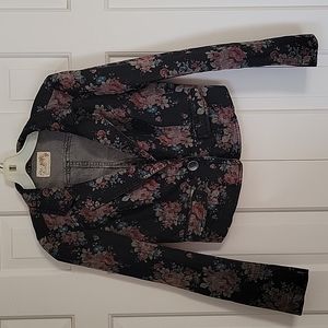 Free People Womens Black floral print cropped blazer Jacket sz 4 Boho Grunge